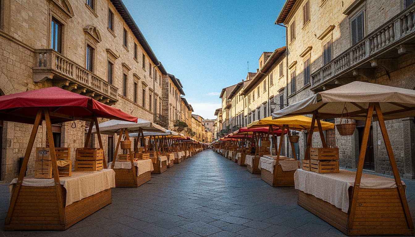 Bancarelle del centro storico di Perugia durante un evento cittadino, senza persone