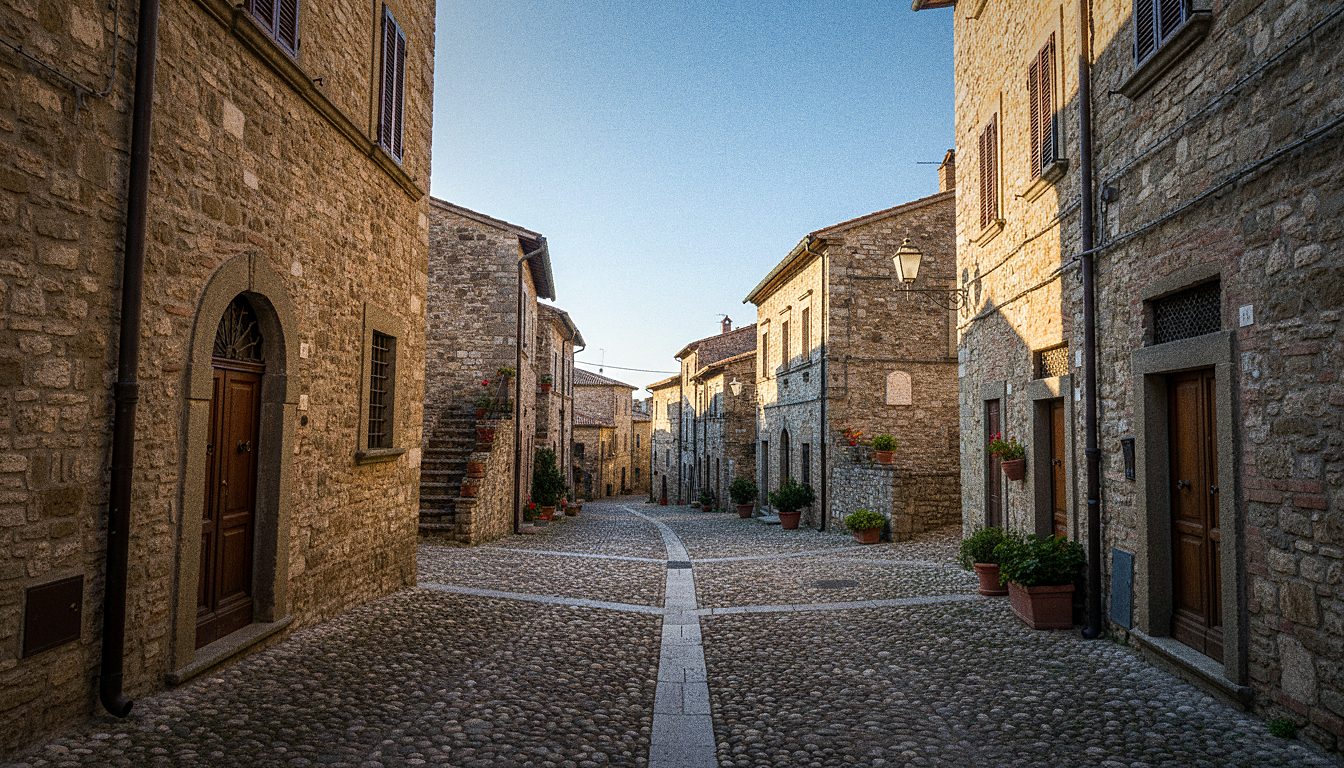 Vicoli in pietra del centro storico di Gubbio arrampicato sulla collina