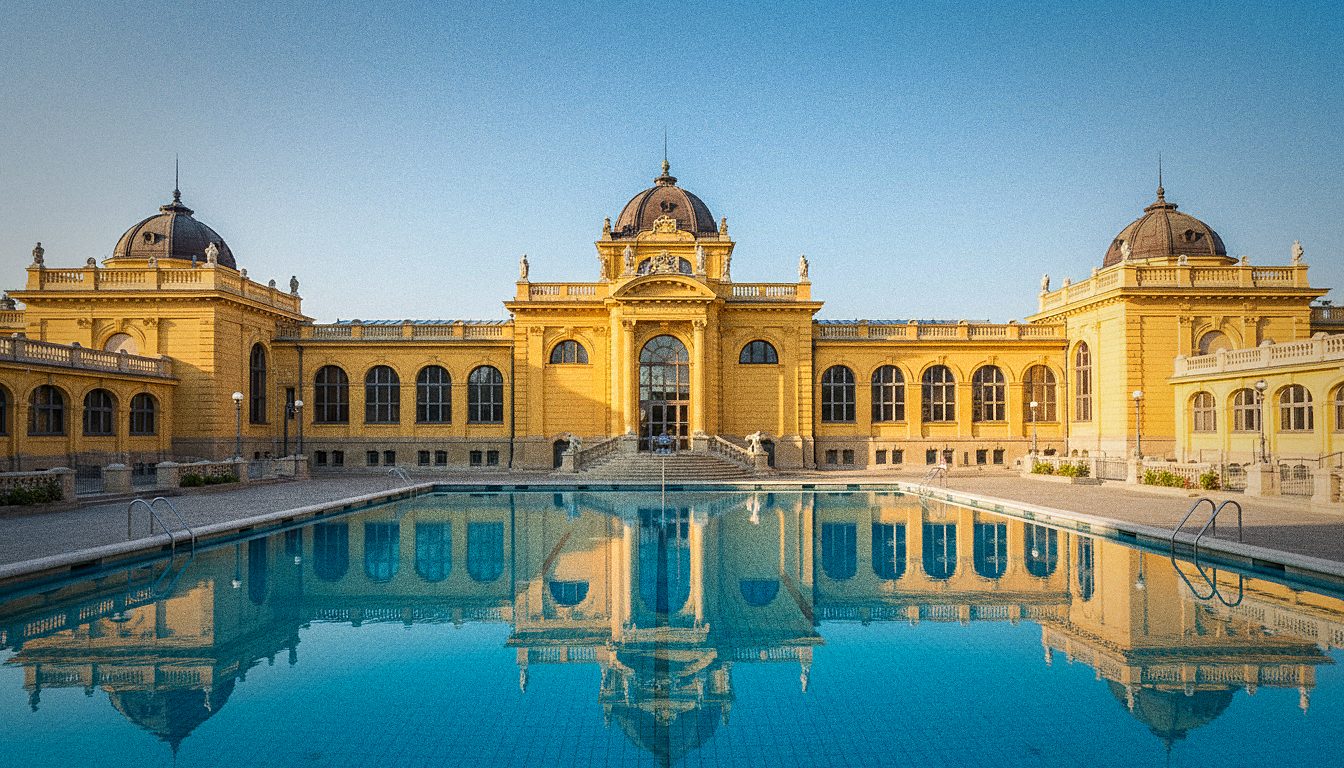 Facciata giallo ocra delle Terme Széchenyi di Budapest con piscine esterne