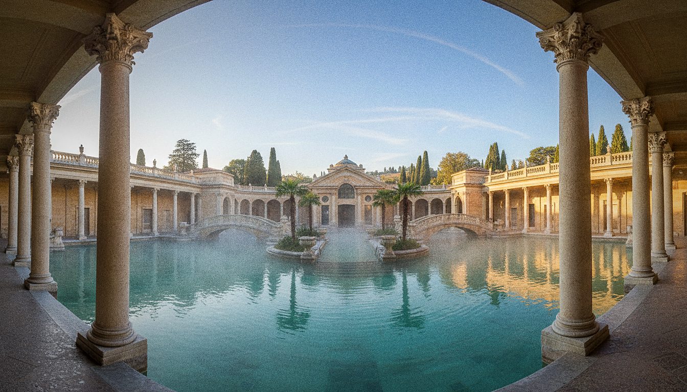 Cortile interno delle Terme Széchenyi con colonne e piscine termali