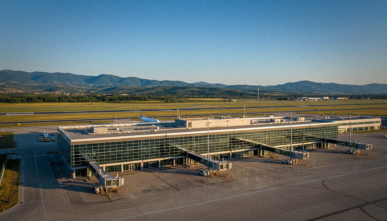 Terminal dell'aeroporto di Tirana con piste visibili sullo sfondo