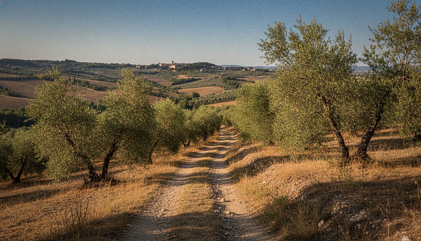 Sentiero tra gli ulivi sulle colline sopra Assisi, senza persone